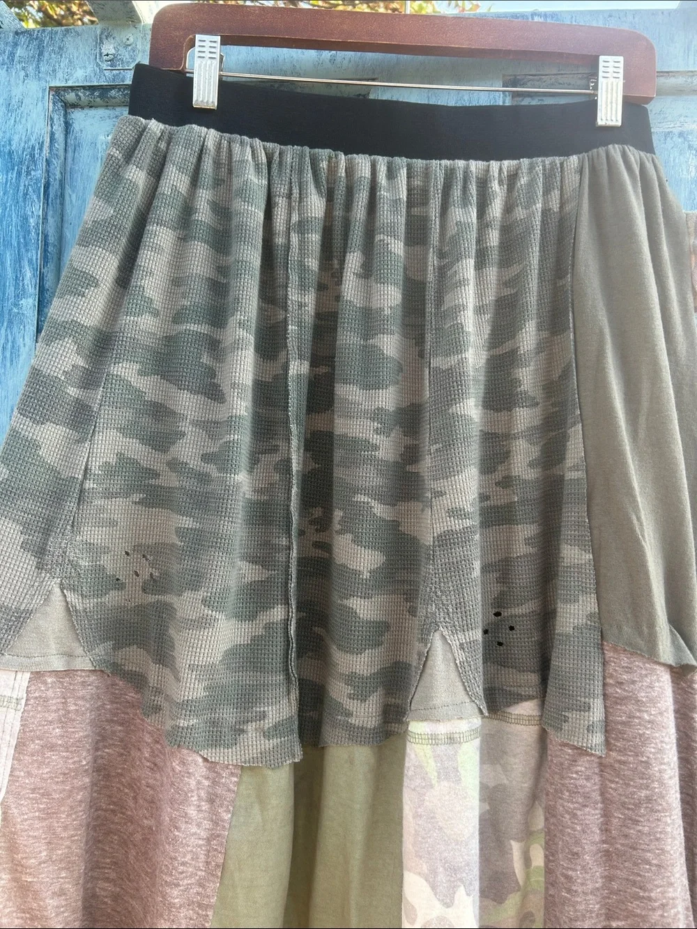 Upcycled camouflage and lace patchwork t shirt maxi skirt